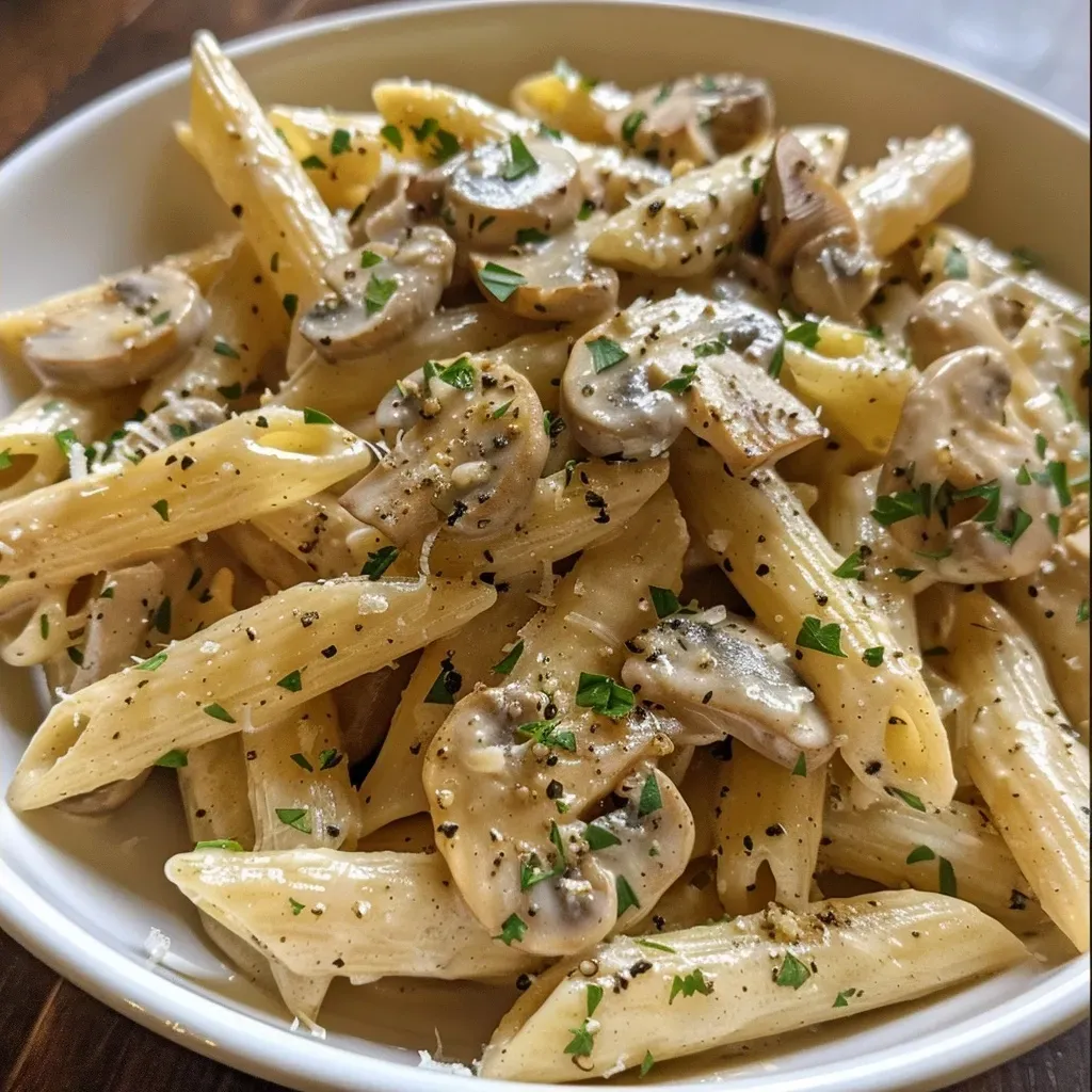 ['Prato de Penne vegano cremoso com cogumelos, destaque para sua textura.', 'Close-up de penne vegano cremoso, decorado com cogumelos frescos.', 'Prato colorido de Penne vegano com molho cremoso e cogumelos.', 'Penne vegano cremoso com cogumelos, servido em um prato.']