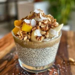 ['Pudim de chia com coco e frutas frescas.', 'Close-up de Pudim de Chia com Coco.', 'Taça de Pudim de Chia com Coco e castanhas.', 'Pudim de Chia decorado com frutas e coco.']