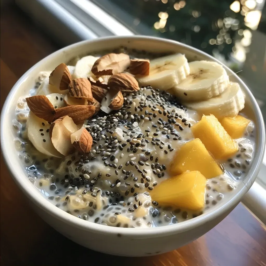 ['Pudim de chia com coco e frutas frescas.', 'Close-up de Pudim de Chia com Coco.', 'Taça de Pudim de Chia com Coco e castanhas.', 'Pudim de Chia decorado com frutas e coco.']