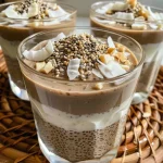 ['Pudim de Chia com Creme de Coco em copos individuais.', 'Close-up de copos de pudim de chia com creme de coco.', 'Camadas de pudim de chia e creme de coco em uma apresentação atraente.', 'Deliciosos copos de pudim de chia decorados com coco.']
