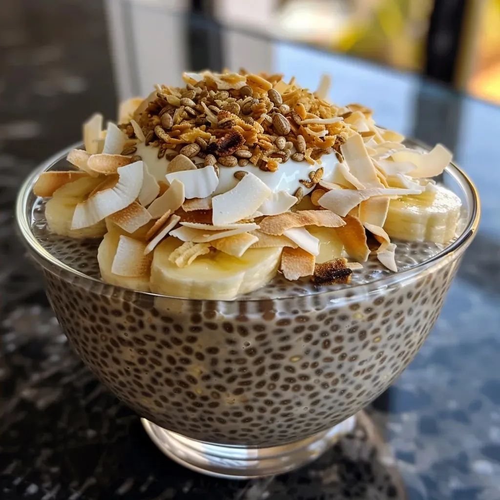 ['Pudim de Chia com Creme de Coco em copos individuais.', 'Close-up de copos de pudim de chia com creme de coco.', 'Camadas de pudim de chia e creme de coco em uma apresentação atraente.', 'Deliciosos copos de pudim de chia decorados com coco.']