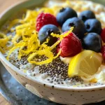 ['Pudim de chia com limão servido em um copo com frutas.', 'Close-up de pudim de chia com cobertura de creme de coco e limão.', 'Pudim de chia cremoso com raspas de limão e frutas frescas.', 'Detalhe de pudim de chia com limão e creme, decorado com frutas.']