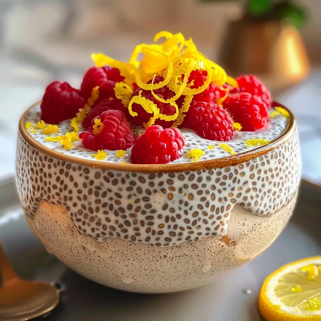 ['Pudim de chia com limão servido em um copo com frutas.', 'Close-up de pudim de chia com cobertura de creme de coco e limão.', 'Pudim de chia cremoso com raspas de limão e frutas frescas.', 'Detalhe de pudim de chia com limão e creme, decorado com frutas.']