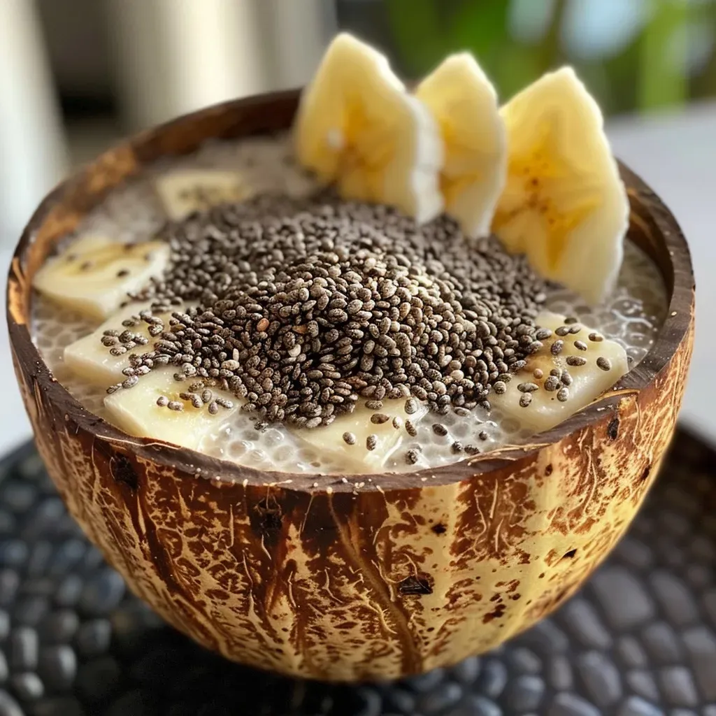 ['Pudim de chia com pedaços de manga e coco ralado.', 'Close up de pudim de chia decorado com manga e coco.', 'Pudim de chia servido em um copo, com cubos de manga.', 'Detalhe do pudim de chia com cobertura de coco e manga.']