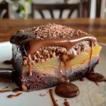 ['Pudim de chocolate com morangos frescos, visto de lado.', 'Close de um pudim de chocolate decorado com morangos.', 'Pudim de chocolate cremoso com cobertura de morangos.', 'Fatia de pudim de chocolate ao lado de morangos suculentos.']