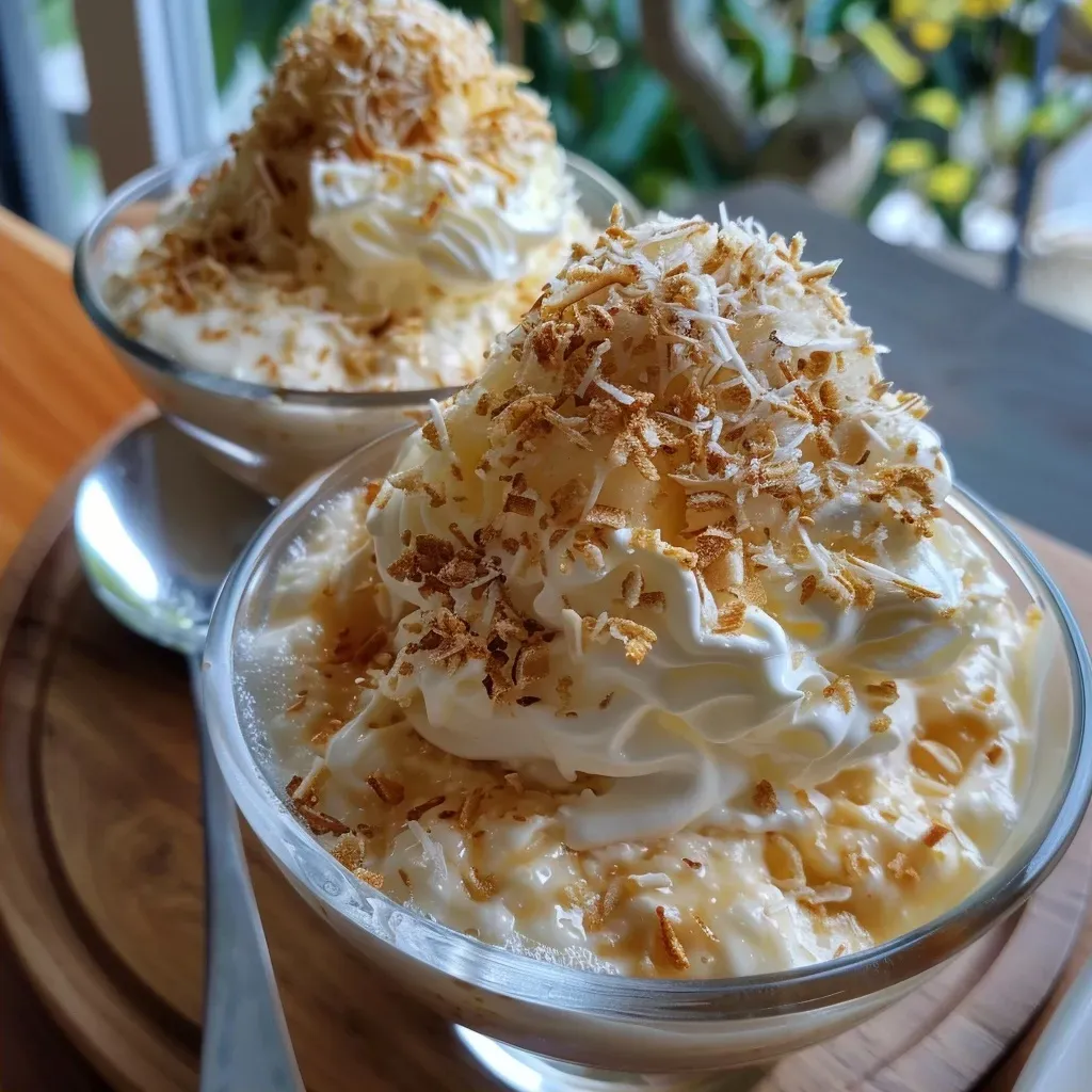 ['Pudim de coco gelado em um prato, com textura cremosa e decoração de coco ralado.', 'Close-up de pudim de coco gelado, mostrando sua consistência suave e coberto com coco.', 'Pudim de coco gelado servido em taça, com camada de creme e coco ralado por cima.', 'Vista lateral de pudim de coco gelado, destacando seu brilho e cremosidade.']