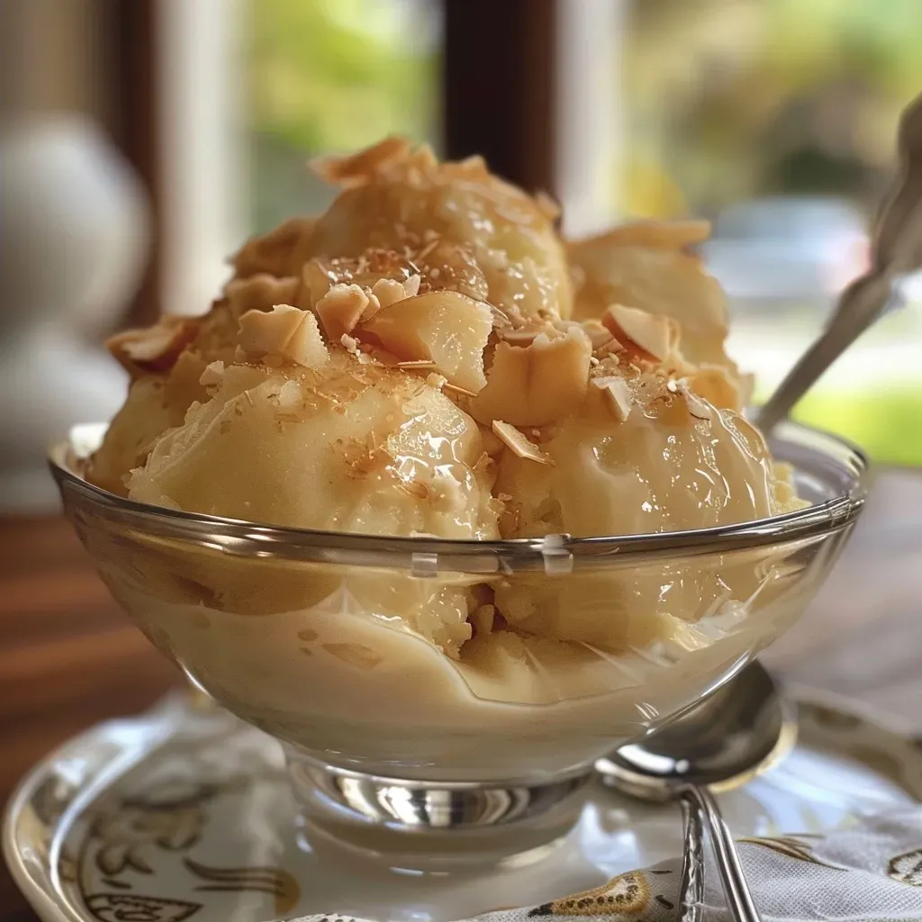 ['Pudim de coco gelado com textura cremosa.', 'Close-up de pudim de coco gelado coberto com coco ralado.', 'Pudim de coco gelado em prato, vista lateral.', 'Porção de pudim de coco gelado em destaque.']