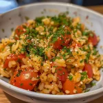 ['Prato de Riz à la tomate com arroz e molho de tomate.', 'Close-up de Riz à la tomate com textura suculenta.', 'Arroz à la tomate em um prato raso, com ingredientes frescos.', 'Detalhe de Riz à la tomate, mostrando a cor vibrante do molho.']