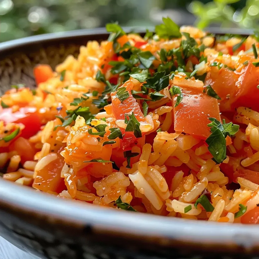 ['Prato de Riz à la tomate com arroz e molho de tomate.', 'Close-up de Riz à la tomate com textura suculenta.', 'Arroz à la tomate em um prato raso, com ingredientes frescos.', 'Detalhe de Riz à la tomate, mostrando a cor vibrante do molho.']