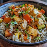['Prato de arroz tailandês com legumes e leite de coco.', 'Close-up de riz thaï com vegetais coloridos e molho cremoso.', 'Imagem de arroz integral com pimentão, cenoura e abobrinha.', 'Prato de riz thaï servido com coentro fresco e temperos.']