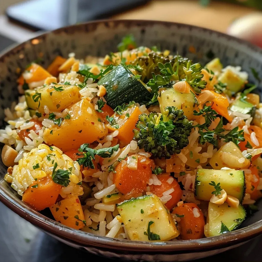 ['Prato de arroz tailandês com legumes e leite de coco.', 'Close-up de riz thaï com vegetais coloridos e molho cremoso.', 'Imagem de arroz integral com pimentão, cenoura e abobrinha.', 'Prato de riz thaï servido com coentro fresco e temperos.']