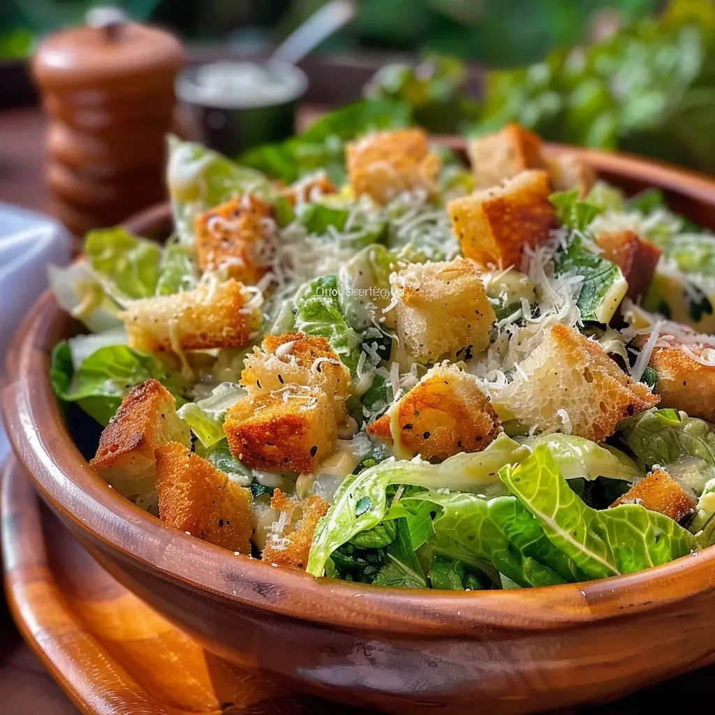 ['Salada Caesar Clássica com alface romana, croutons e queijo parmesão.', 'Close-up de uma Salada Caesar com ingredientes frescos e molho cremoso.', 'Salada Caesar apresentando alface, croutons e queijo ralado.', 'Detalhe de uma Salada Caesar Clássica com textura crocante e cremosa.']