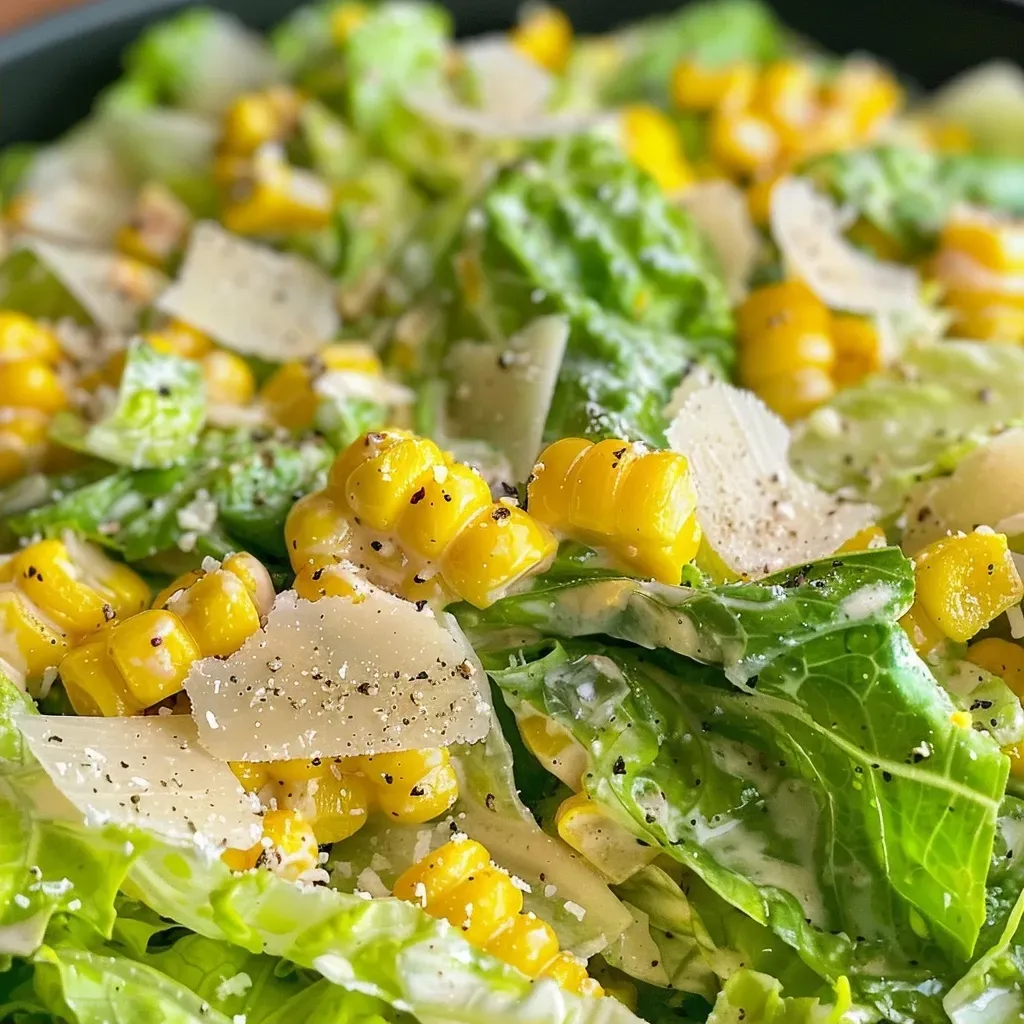 ['Salada Caesar de verão com milho grelhado em close.', 'Porção de salada Caesar com alface, milho e parmesão.', 'Salada Caesar fresca com milho charred e molho cremoso.', 'Vista lateral de salada Caesar de verão com ingredientes coloridos.']