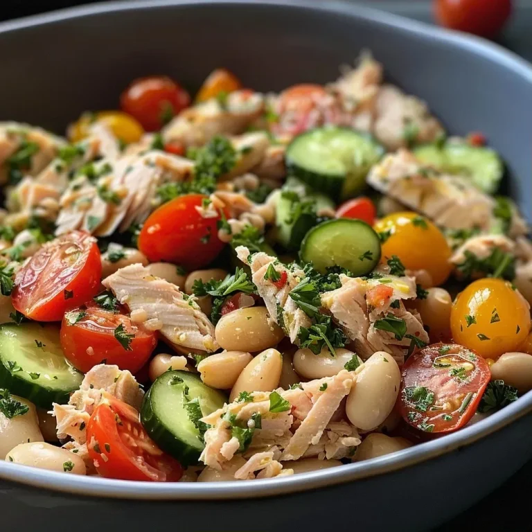 ['Salada de atum e feijão branco com tomate e pepino.', 'Close-up de uma salada mediterrânea com feijão e atum.', 'Salada colorida com atum, feijão branco e legumes frescos.', 'Prato de salada de atum com feijão branco e ervas.']