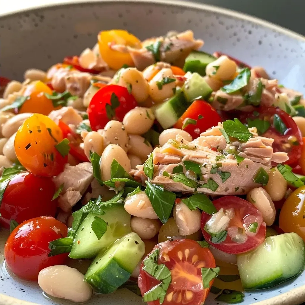 ['Salada de atum e feijão branco com tomate e pepino.', 'Close-up de uma salada mediterrânea com feijão e atum.', 'Salada colorida com atum, feijão branco e legumes frescos.', 'Prato de salada de atum com feijão branco e ervas.']