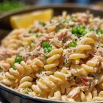 ['Salada de atum com macarrão e limão cortado em gomos.', 'Close-up de salada de atum com massa e fatias de limão.', 'Prato de salada de atum com macarrão e limões ao lado.', 'Salada de macarrão com atum e limão em uma tigela.']