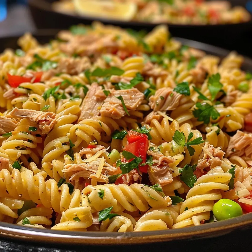 ['Salada de atum com macarrão e limão cortado em gomos.', 'Close-up de salada de atum com massa e fatias de limão.', 'Prato de salada de atum com macarrão e limões ao lado.', 'Salada de macarrão com atum e limão em uma tigela.']