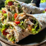 ['Wrap de salada de atum com rúcula em close.', 'Vista lateral de wrap recheado com salada de atum e rúcula.', 'Delicioso wrap de salada de atum com folhas de rúcula.', 'Salada de atum envolta em wrap, com rúcula visível.']