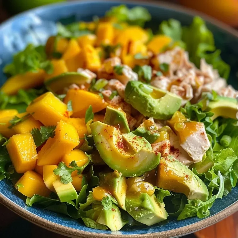 ['Salada de frango com manga e abacate em close.', 'Prato de salada colorida com frango, manga e abacate.', 'Detalhe da salada de frango, manga e abacate.', 'Salada fresca de frango, com pedaços de manga e abacate.']