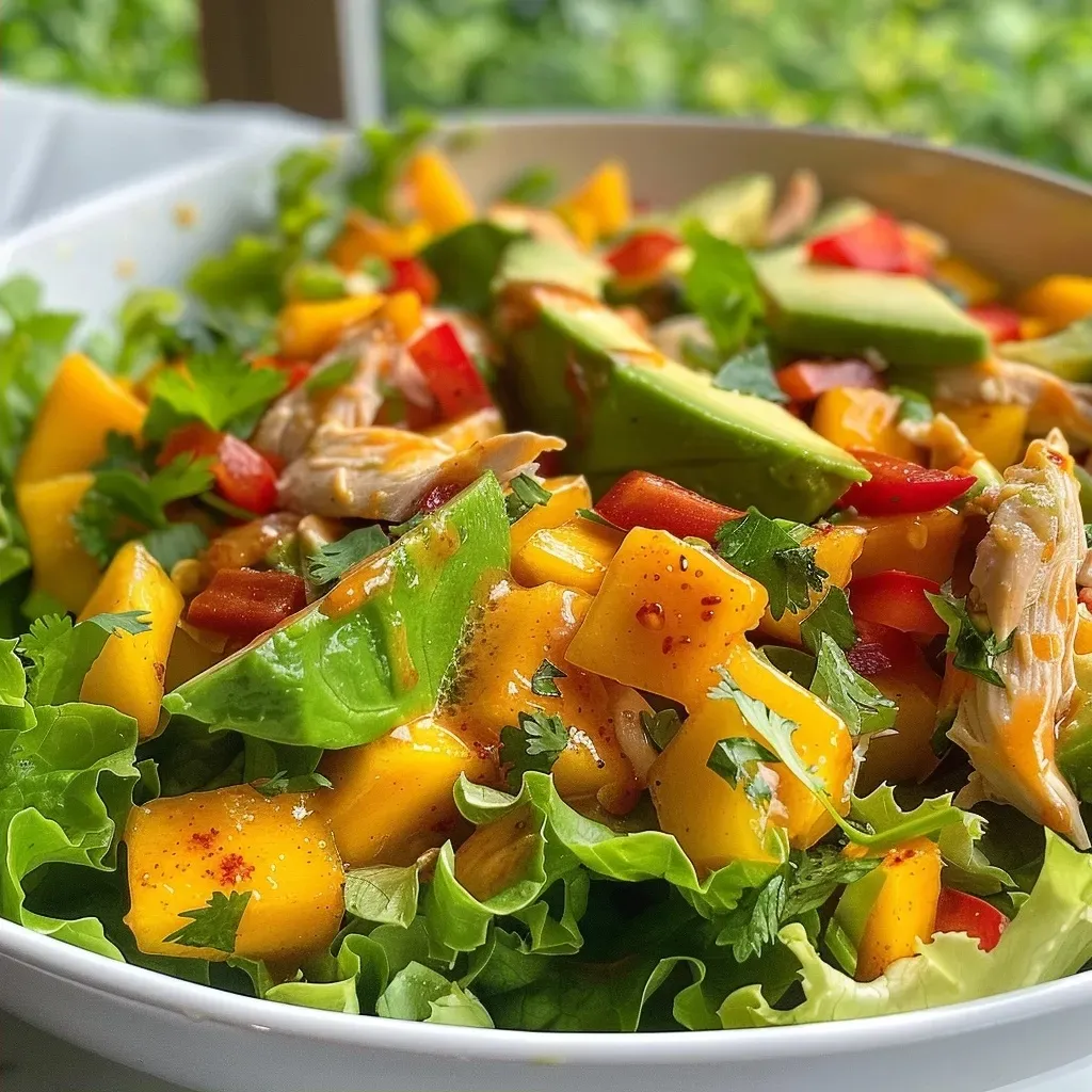 ['Salada de frango com manga e abacate em close.', 'Prato de salada colorida com frango, manga e abacate.', 'Detalhe da salada de frango, manga e abacate.', 'Salada fresca de frango, com pedaços de manga e abacate.']