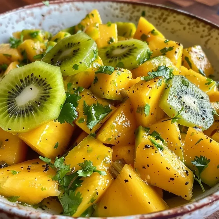 ['Salada de frutas colorida com kiwi e manga.', 'Close-up de uma salada de frutas de kiwi e manga.', 'Frutas frescas: kiwi, manga e abacaxi em uma salada.', 'Mistura vibrante de kiwi, manga e temperos frescos.']