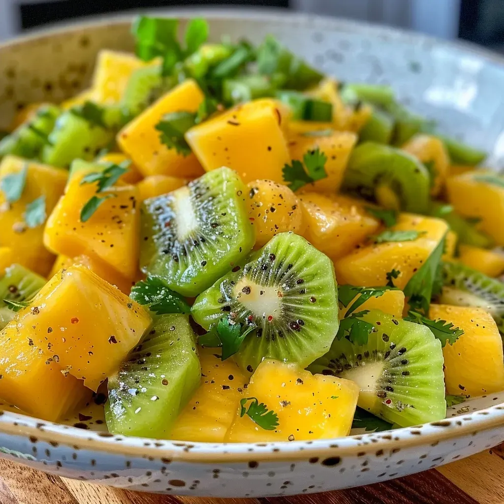 ['Salada de frutas colorida com kiwi e manga.', 'Close-up de uma salada de frutas de kiwi e manga.', 'Frutas frescas: kiwi, manga e abacaxi em uma salada.', 'Mistura vibrante de kiwi, manga e temperos frescos.']