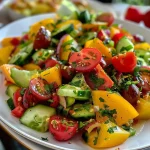 ['Salada colorida com grão de bico e abacate.', 'Close de salada de grão de bico com abacate e vegetais frescos.', 'Prato de salada de grão de bico com abacate e tomates cherry.', 'Salada fresca de grão de bico e abacate em um prato.']