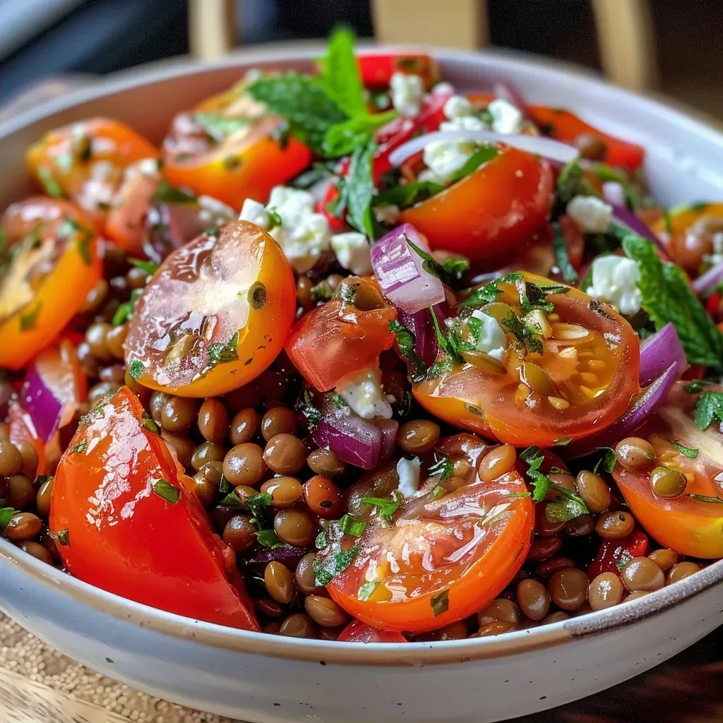 ['Salada de lentilhas mediterrânea com legumes frescos.', 'Close-up de salada de lentilhas com tomate e pepino.', 'Prato de salada de lentilhas com feta e ervas.', 'Salada colorida de lentilhas com ingredientes variados.']