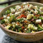 ['Salada de lentilhas com tomate seco e queijo feta.', 'Close up de salada de lentilhas colorida e saudável.', 'Salada fresca de lentilhas, tomate seco e couve.', 'Ingredientes frescos em uma salada de lentilhas deliciosa.']