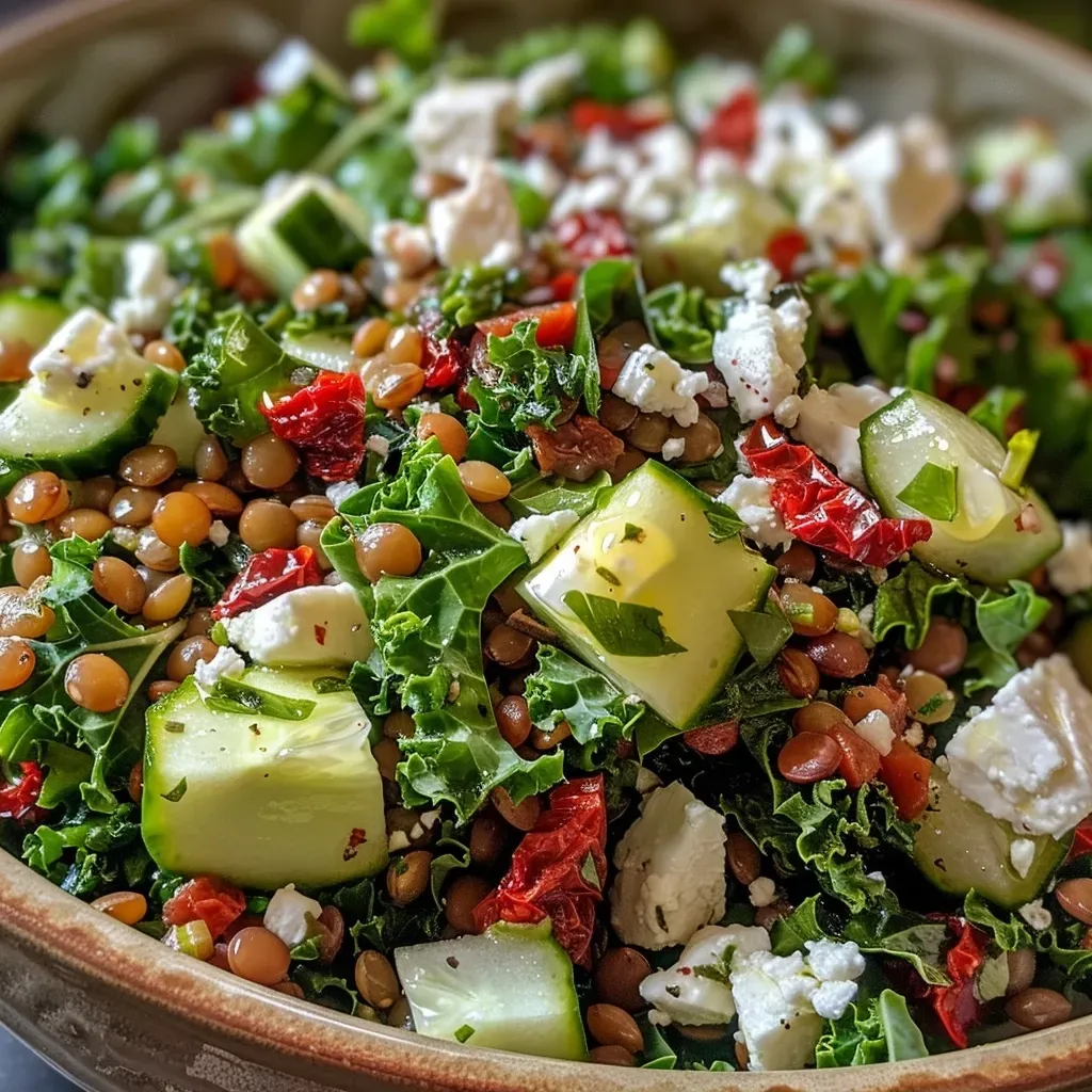 ['Salada de lentilhas com tomate seco e queijo feta.', 'Close up de salada de lentilhas colorida e saudável.', 'Salada fresca de lentilhas, tomate seco e couve.', 'Ingredientes frescos em uma salada de lentilhas deliciosa.']