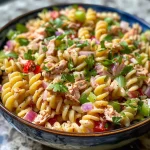 ['Salada de macarrão com atum, colorida e fresca, servida em uma tigela.', 'Close-up de salada mediterrânea de macarrão com atum e legumes frescos.', 'Salada de rotini com atum, vegetais picados e molho cremoso.', 'Preparação de salada de macarrão com atum, ervas e condimentos.']