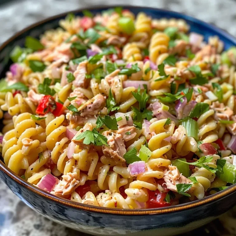 ['Salada de macarrão com atum, colorida e fresca, servida em uma tigela.', 'Close-up de salada mediterrânea de macarrão com atum e legumes frescos.', 'Salada de rotini com atum, vegetais picados e molho cremoso.', 'Preparação de salada de macarrão com atum, ervas e condimentos.']
