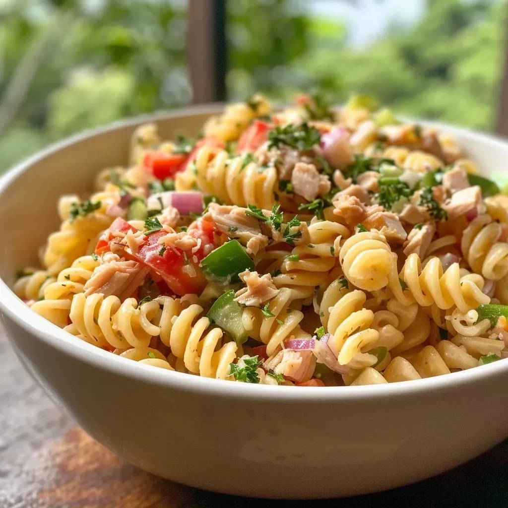 ['Salada de macarrão com atum, colorida e fresca, servida em uma tigela.', 'Close-up de salada mediterrânea de macarrão com atum e legumes frescos.', 'Salada de rotini com atum, vegetais picados e molho cremoso.', 'Preparação de salada de macarrão com atum, ervas e condimentos.']