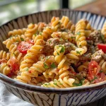['Salada de pasta fria com atum, colorida e fresca.', 'Close de ensalada de pasta com atum e vegetais.', 'Prato de salada de pasta com atum e ingredientes diversos.', 'Salada de fusilli com atum, ovos e pimentão.']