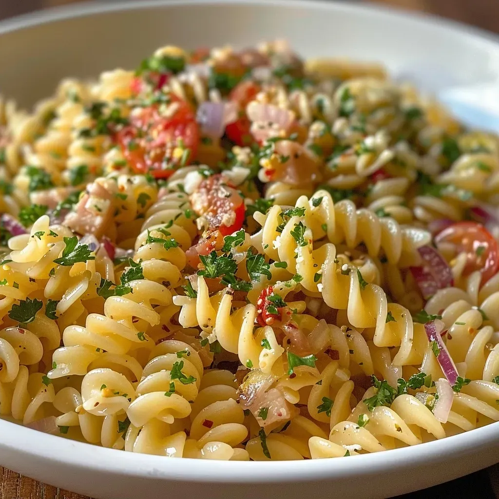 ['Salada de pasta fria com atum, colorida e fresca.', 'Close de ensalada de pasta com atum e vegetais.', 'Prato de salada de pasta com atum e ingredientes diversos.', 'Salada de fusilli com atum, ovos e pimentão.']