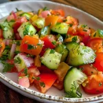 ['Salada de pepino e tomate fresca em um prato.', 'Close de salada colorida com pepino e tomate cereja.', 'Prato de salada de pepino japonês com tomate e cebola roxa.', 'Salada saudável com ingredientes frescos em destaque.']