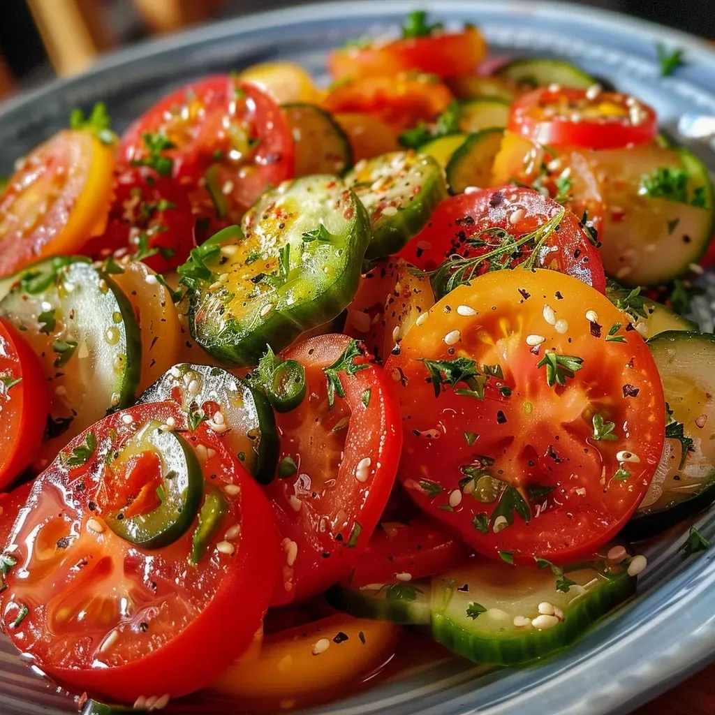 ['Salada de pepino e tomate fresca em um prato.', 'Close de salada colorida com pepino e tomate cereja.', 'Prato de salada de pepino japonês com tomate e cebola roxa.', 'Salada saudável com ingredientes frescos em destaque.']