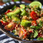 ['Salada colorida de quinoa com abacate e tomate.', 'Close de uma salada saudável com quinoa, abacate e tomate cherry.', 'Salada refrescante de quinoa, abacate e tomate vista de lado.', 'Quinoa cozida com cubos de abacate e metades de tomate cherry.']