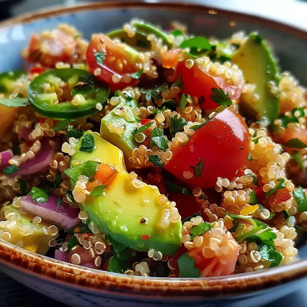 ['Salada colorida de quinoa com abacate e tomate.', 'Close de uma salada saudável com quinoa, abacate e tomate cherry.', 'Salada refrescante de quinoa, abacate e tomate vista de lado.', 'Quinoa cozida com cubos de abacate e metades de tomate cherry.']