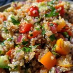 ['Salada colorida de quinoa com atum e legumes frescos.', 'Close de uma salada de quinoa com atum, pepino e tomates.', 'Prato de salada de quinoa com atum e vegetais variados.', 'Salada de quinoa, atum e legumes em um recipiente.']