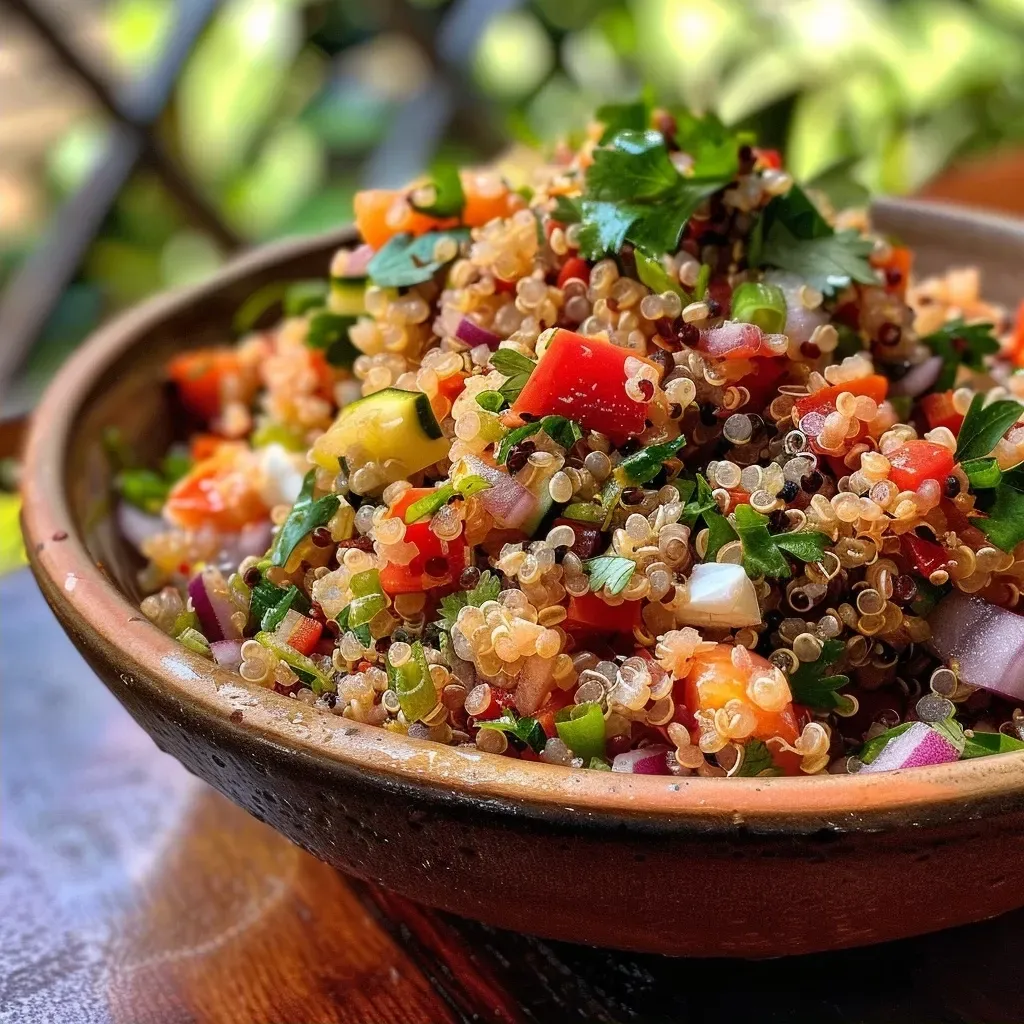 ['Salada de quinoa e atum em um prato colorido.', 'Close de salada fresca com quinoa, atum e vegetais.', 'Prato de salada de quinoa com atum e legumes picados.', 'Salada nutritiva de quinoa e atum, vista lateral.']