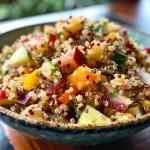 ['Salada de quinoa colorida com frutas secas e legumes picados.', 'Close de salada de quinoa com damasco e uva-passa.', 'Salada de quinoa mista com legumes frescos e amêndoas.', 'Prato de salada de quinoa com ingredientes variados e ervas.']