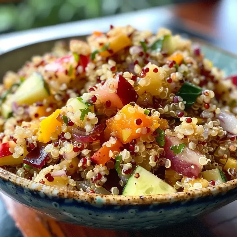 ['Salada de quinoa colorida com frutas secas e legumes picados.', 'Close de salada de quinoa com damasco e uva-passa.', 'Salada de quinoa mista com legumes frescos e amêndoas.', 'Prato de salada de quinoa com ingredientes variados e ervas.']