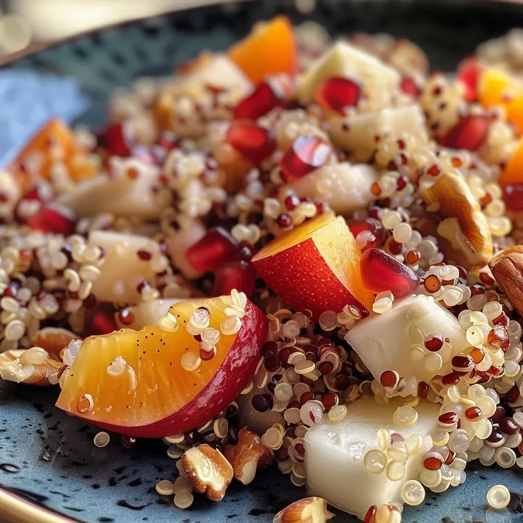 ['Salada de quinoa colorida com frutas secas e legumes picados.', 'Close de salada de quinoa com damasco e uva-passa.', 'Salada de quinoa mista com legumes frescos e amêndoas.', 'Prato de salada de quinoa com ingredientes variados e ervas.']
