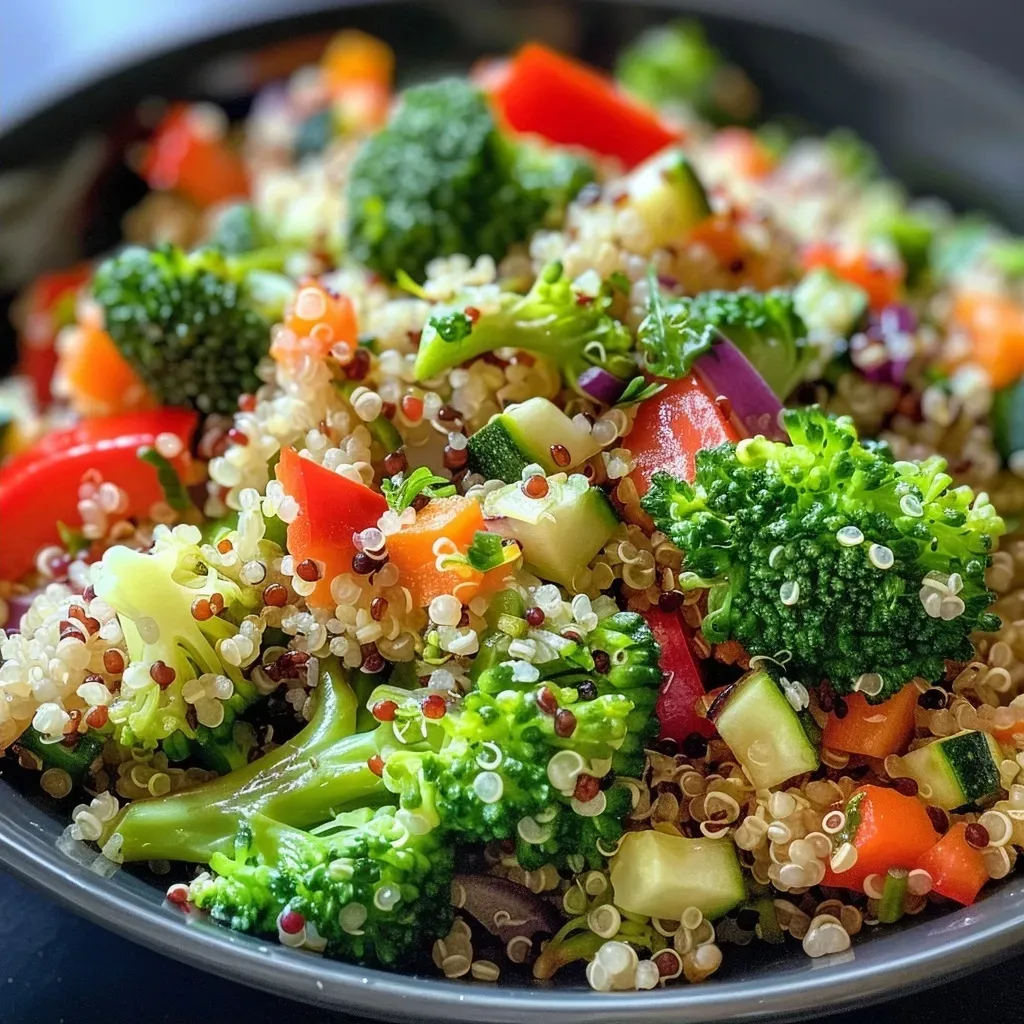 ['Salada de quinoa com legumes assados coloridos em um prato.', 'Close de uma salada de quinoa com brócolis, pimentão vermelho e abobrinha.', 'Salada fácil de quinoa vista de lado, com legumes variados.', 'Prato de salada de quinoa com vegetais assados, em foco.']