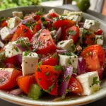 ['Salada mediterrânea de grão de bico com queijo feta em close.', 'Prato colorido de salada de grão de bico, tomates e queijo feta.', 'Salada fresca com grão de bico, azeitonas e queijo feta.', 'Mix vibrante de salada mediterrânea com ingredientes frescos.']