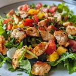 ['Salada tropical de frango com abacaxi e milho em close.', 'Prato colorido de salada de frango com pedaços de abacaxi e milho.', 'Salada frescante com frango desfiado, abacaxi e milho.', 'Salada tropical de frango, com ingredientes frescos e vibrantes.']