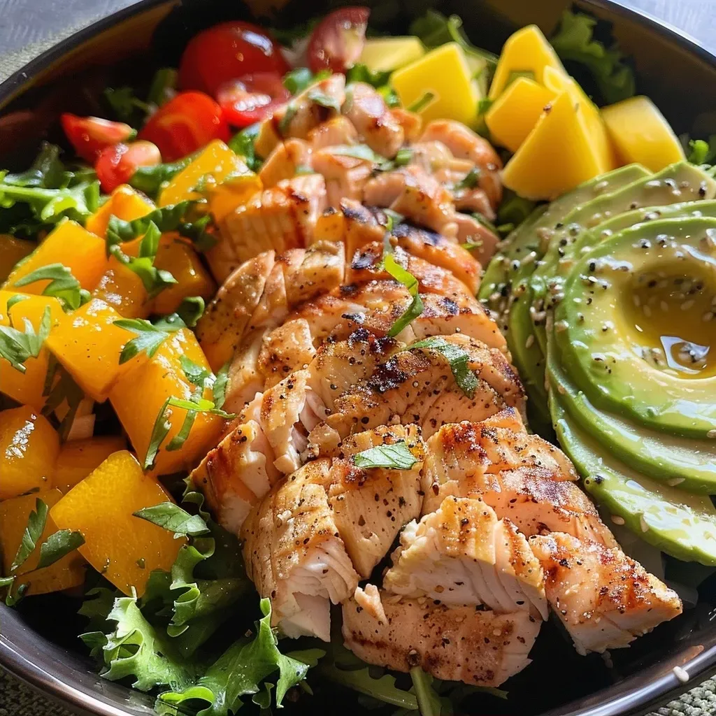 ['Salada tropical de frango com abacaxi e milho em close.', 'Prato colorido de salada de frango com pedaços de abacaxi e milho.', 'Salada frescante com frango desfiado, abacaxi e milho.', 'Salada tropical de frango, com ingredientes frescos e vibrantes.']