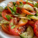 ['Salada vegana de alface, pepino e tomate cereja em um prato.', 'Close de uma salada fresca com alface, pepino japonês e tomates cereja.', 'Prato de salada vegana com folhas verdes, legumes frescos e molho.', 'Salada colorida de alface, tomate cereja e rodelas de pepino japonês.']