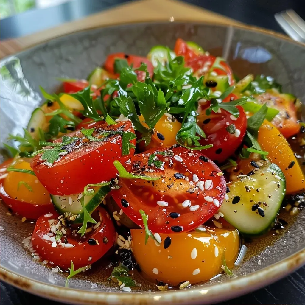 ['Salada vegana de alface, pepino e tomate cereja em um prato.', 'Close de uma salada fresca com alface, pepino japonês e tomates cereja.', 'Prato de salada vegana com folhas verdes, legumes frescos e molho.', 'Salada colorida de alface, tomate cereja e rodelas de pepino japonês.']
